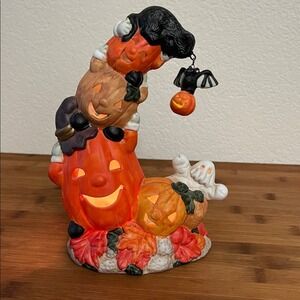 Halloween Ceramic Stacked Pumpkins Jack O Lanterns Ghost Bat Candle Holder Decor